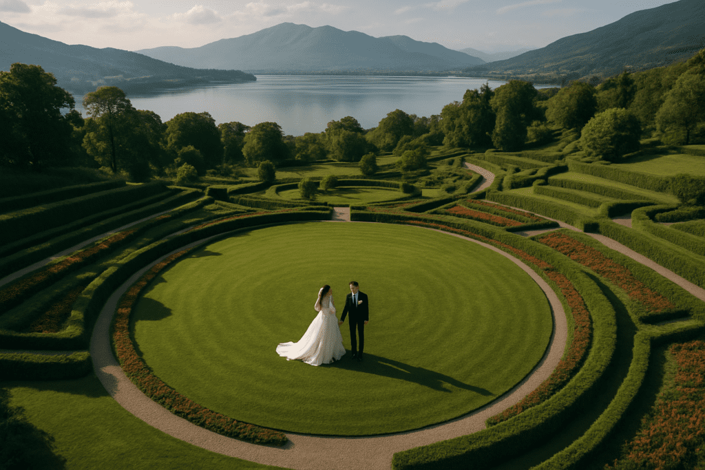 Aerial drone wedding photography capturing a couple in a cinematic garden setting.