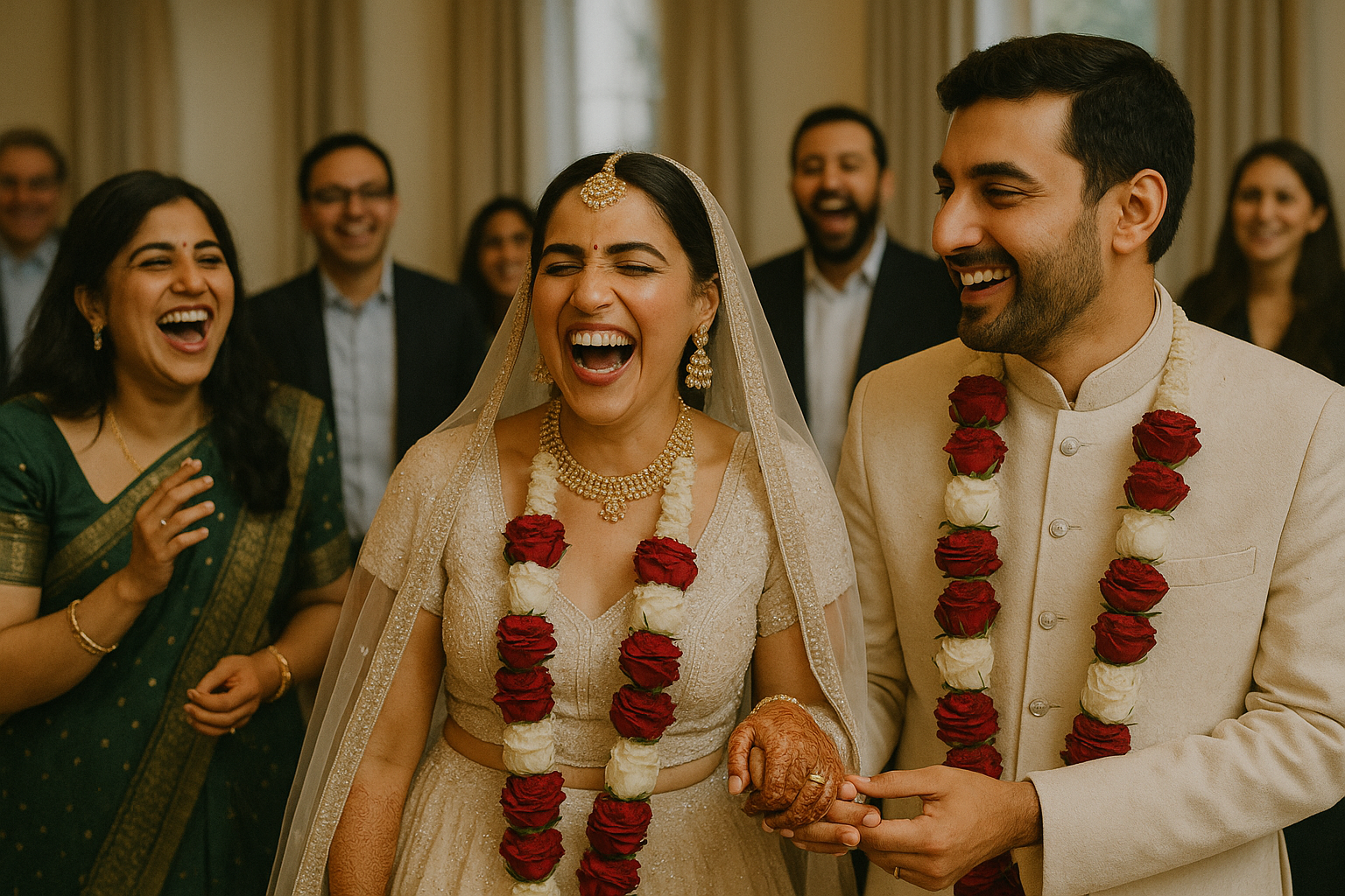 Documentary-style wedding photography capturing candid joy of a newlywed couple surrounded by family.