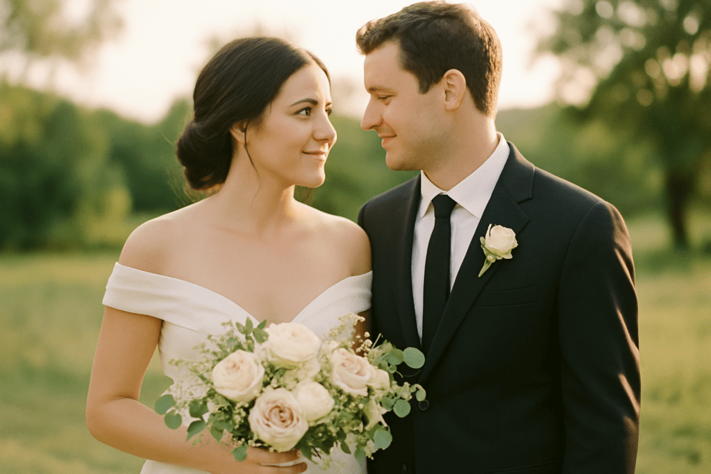 Film wedding photography in landscape showing a romantic couple in soft golden light with a nostalgic, vintage feel.