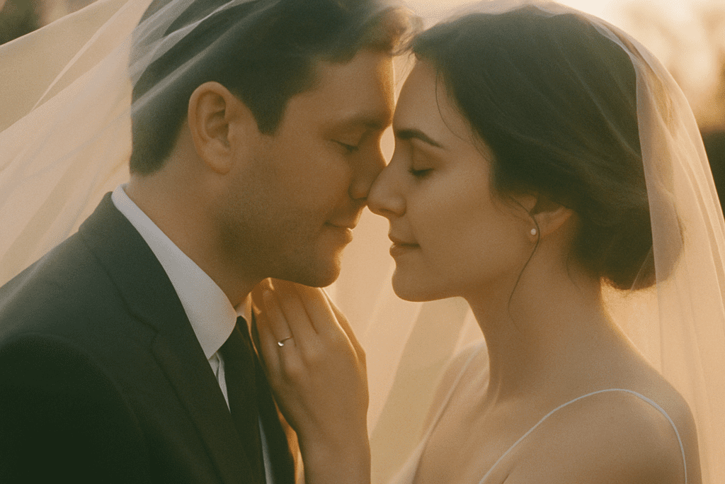Under-the-veil couple portrait in landscape capturing a soft, emotional moment with natural backlight.