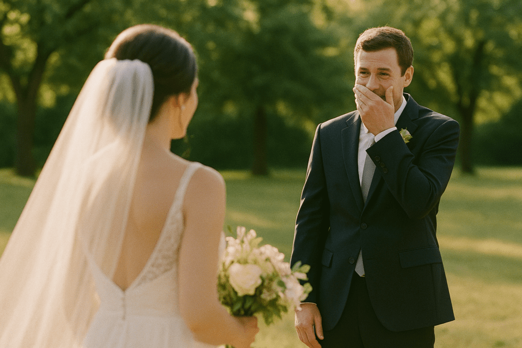 First look wedding photography in landscape capturing the groom's emotional reaction on seeing the bride for the first time.