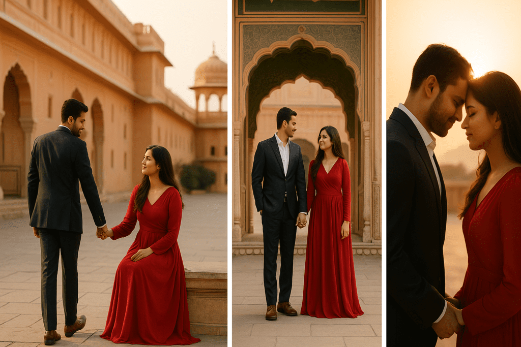 Natural couple poses for pre wedding photography in Jaipur.