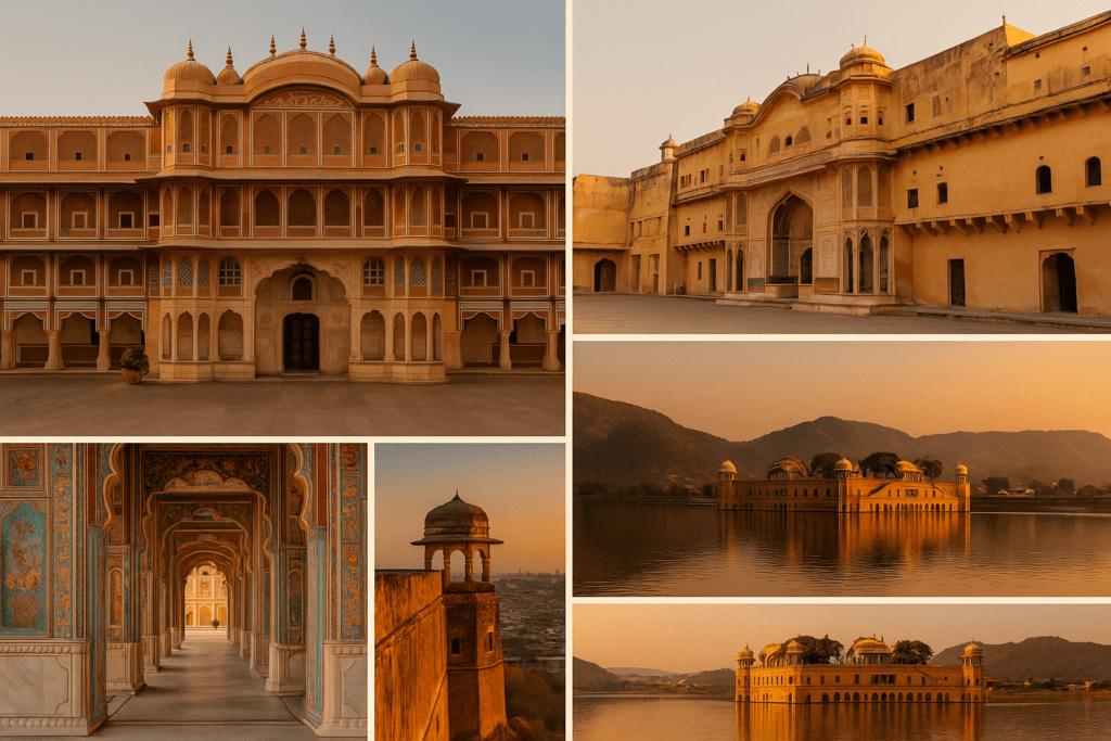 Iconic Jaipur landmarks ideal for wedding photography in Jaipur, including City Palace, Amer Fort, Patrika Gate, Nahargarh Fort, and Jal Mahal.