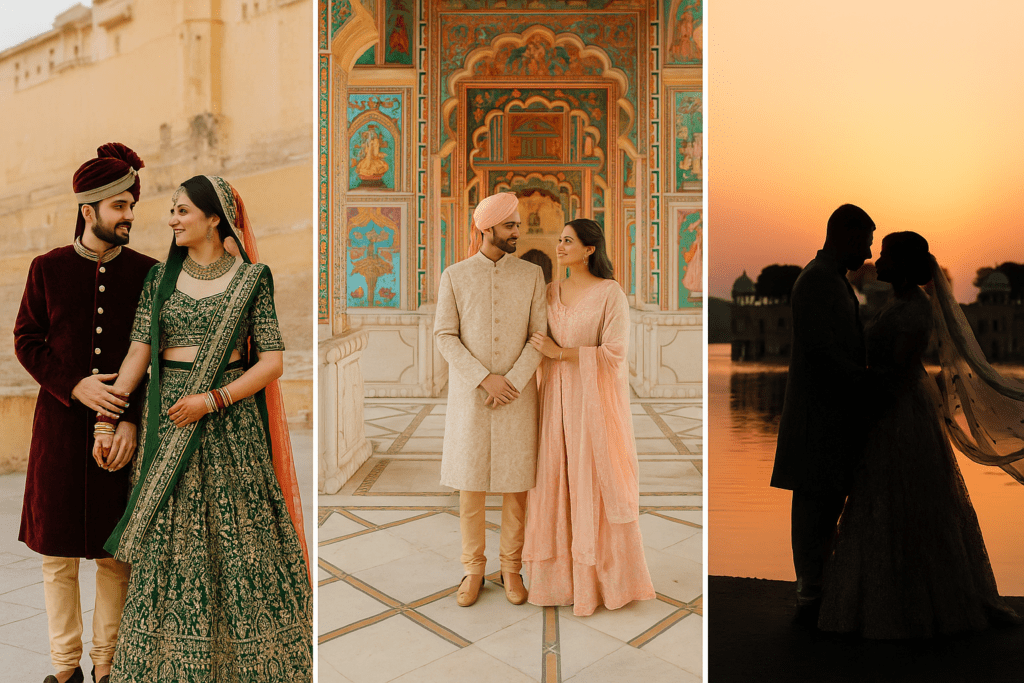 Couples in traditional and fusion outfits at iconic Jaipur locations during wedding photography in Jaipur.