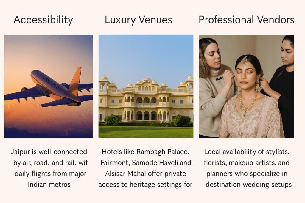 Key elements supporting wedding photography in Jaipur including travel access, luxury venues, and professional wedding vendors.