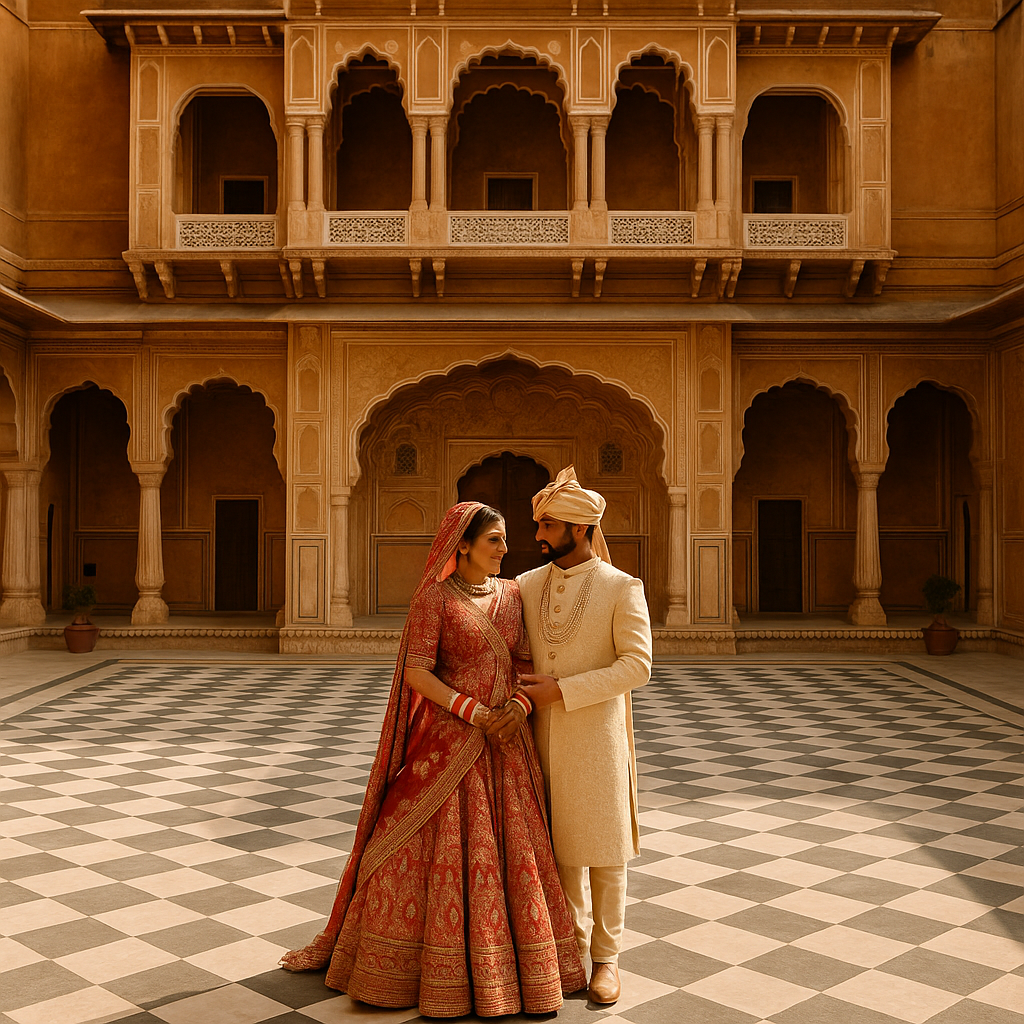 Bride and groom in a palace courtyard during wedding photography in Jaipur, showcasing royal attire and heritage architecture.