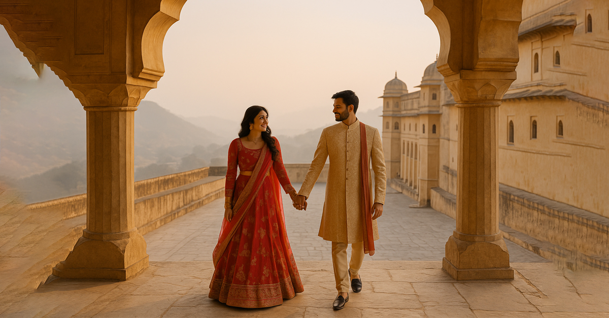 Pre wedding photography at Amer Fort Jaipur with traditional couple pose.