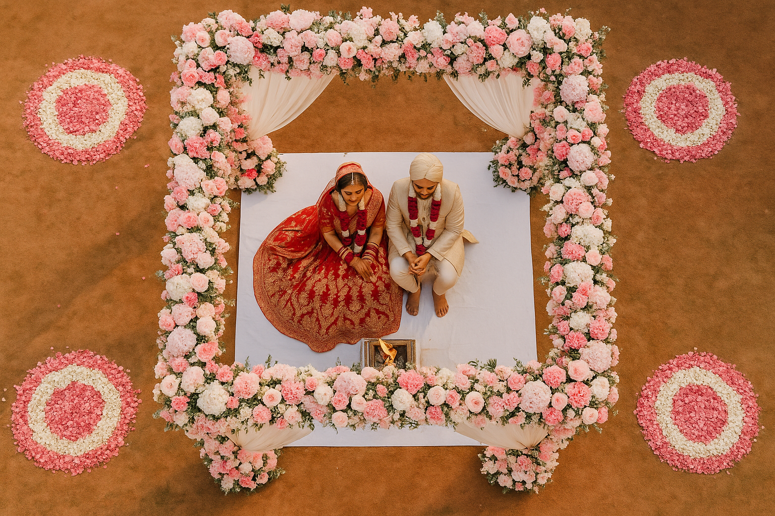 Aerial shot of Indian wedding mandap highlighting wedding photography.