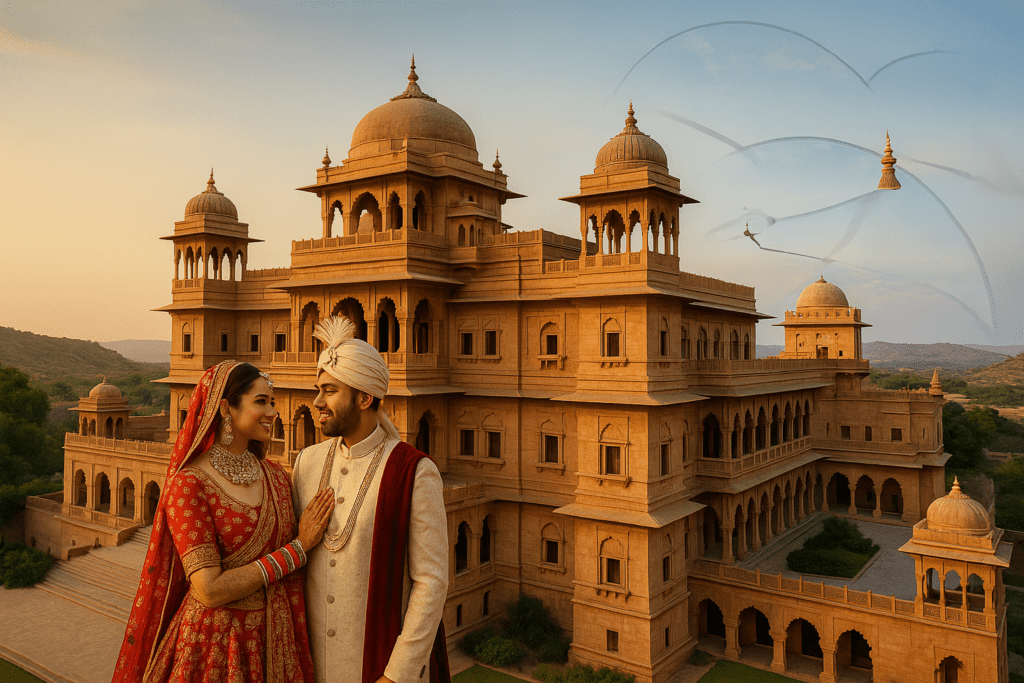 Bride and groom in traditional attire at a royal Rajasthani palace backdrop