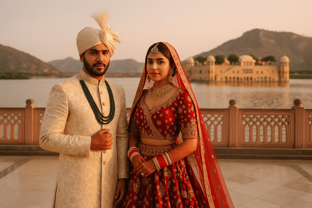 Royal couple at Jal Mahal by best wedding photographer in Rajasthan
