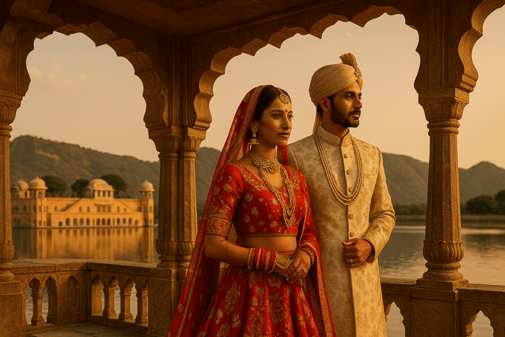 Royal couple at Jal Mahal by top wedding photographer in Rajasthan