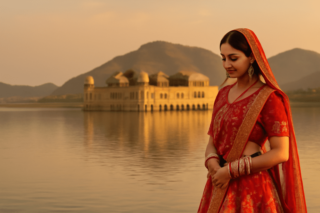 Indian bride by Jal Mahal during golden hour.