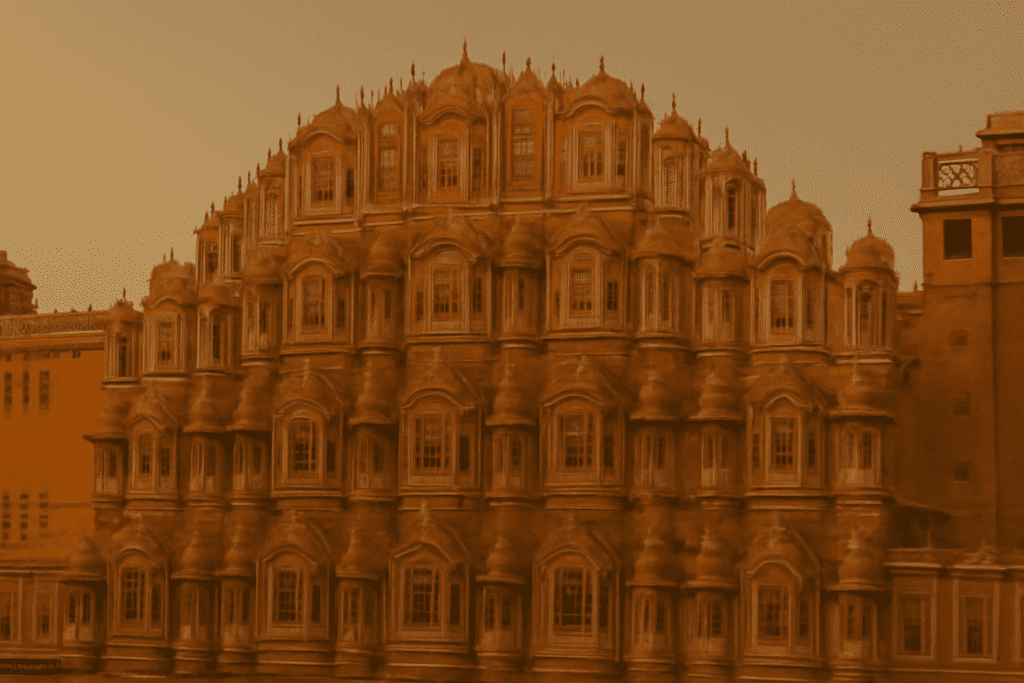 Hawa Mahal in Jaipur glowing in golden evening light.