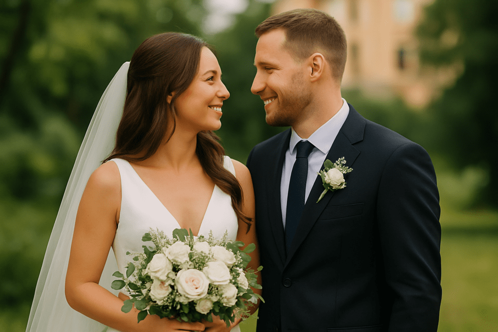 Bride and groom smiling at each other outdoors on their wedding day.









