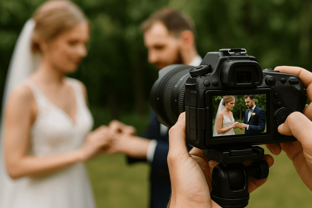 Close-up of DSLR camera capturing bride and groom exchanging rings during wedding ceremony.









