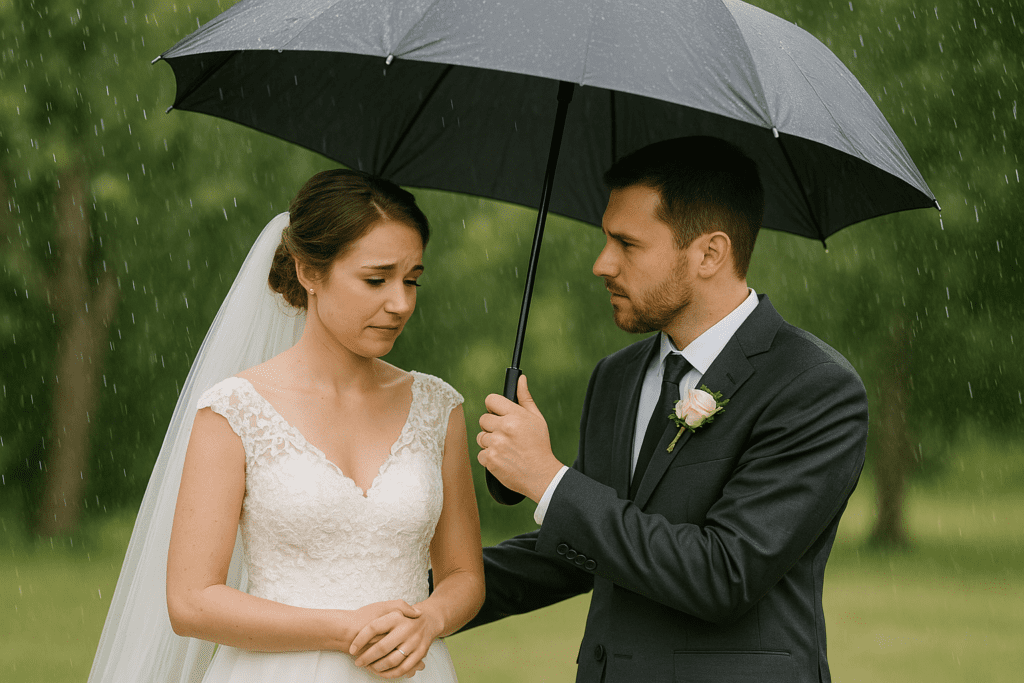 Bride and groom standing in the rain under an umbrella during their wedding day.
