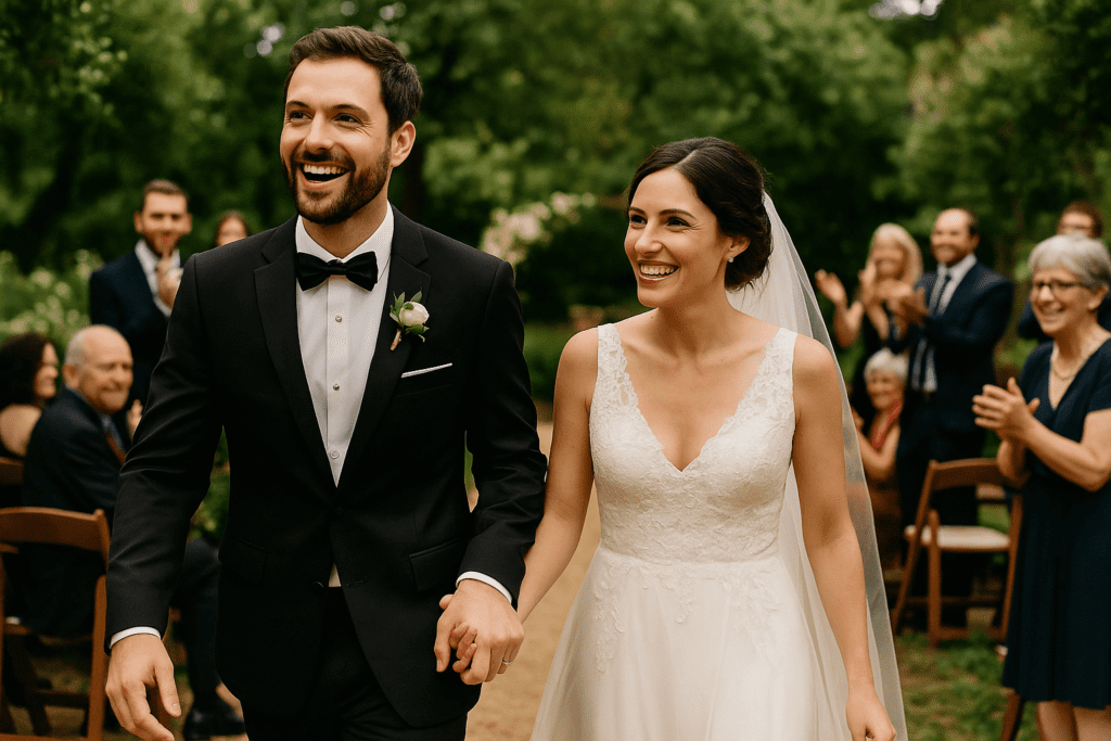 Bride and groom smiling and walking hand-in-hand at their outdoor wedding ceremony.