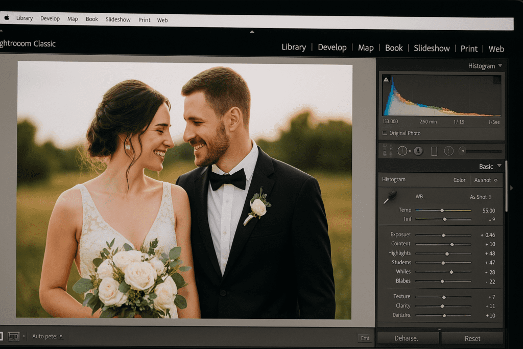 Wedding photo of bride and groom being edited in Adobe Lightroom on a computer screen.