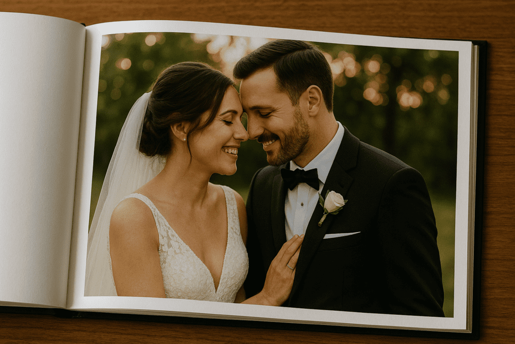 Wedding photo album showing bride and groom smiling and touching foreheads.









