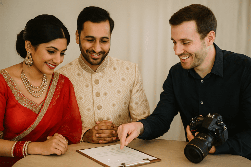 Couple consulting wedding photographer in Jaipur during planning