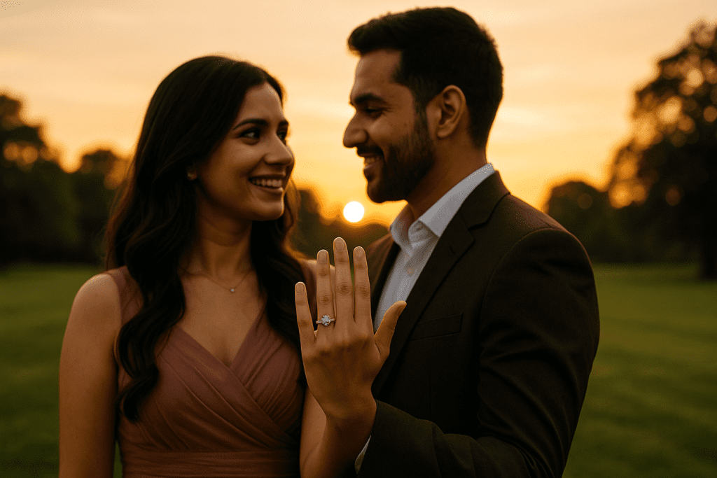 Newly engaged couple enjoying a sunset moment, showcasing the engagement ring.