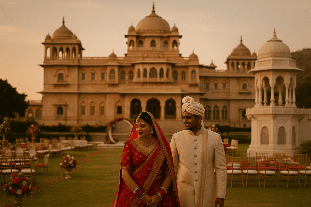 Wedding photography in Jaipur with couple at Rambagh Palace