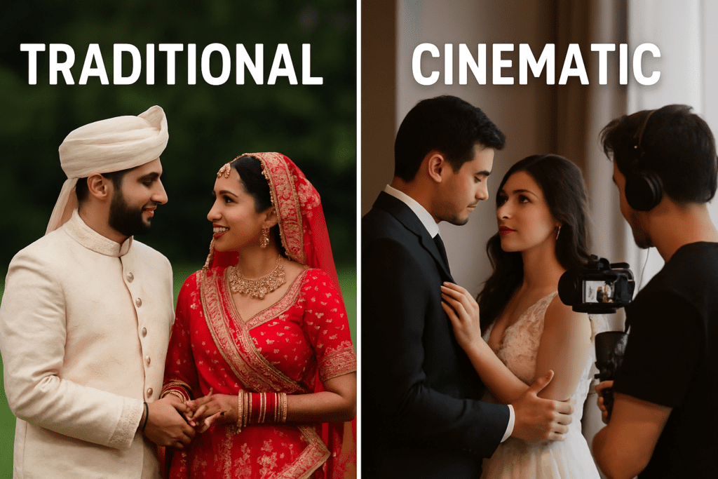 Comparison of Traditional and Cinematic wedding videography styles.