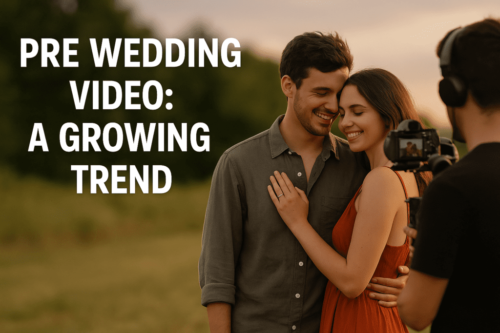 Couple enjoying a pre-wedding video shoot outdoors, with text highlighting the growing trend.