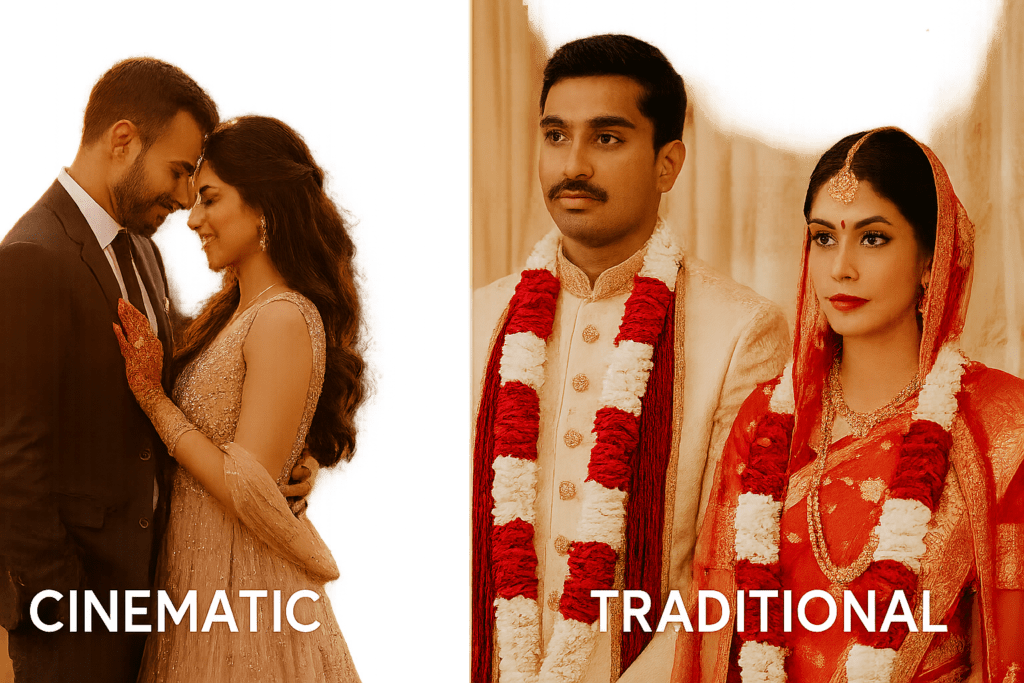 Comparison of cinematic and traditional wedding moments.