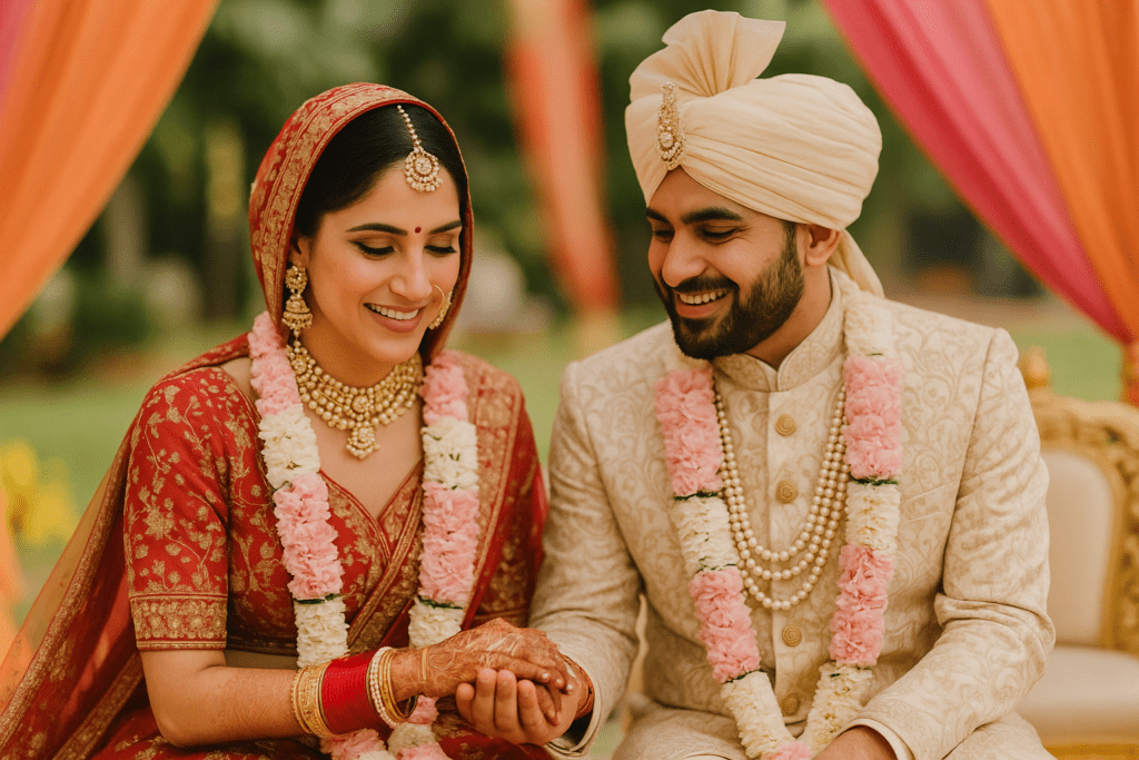 Indian bride and groom in traditional wedding attire smiling during ceremony
