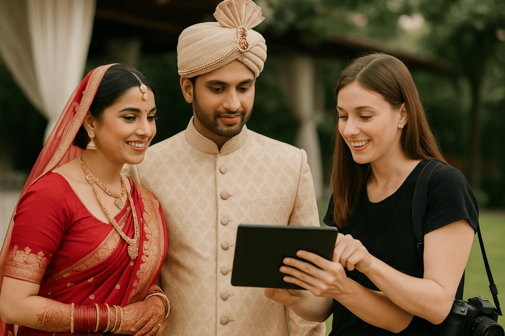 Bride and groom reviewing wedding photos with photographer for wedding photography near me