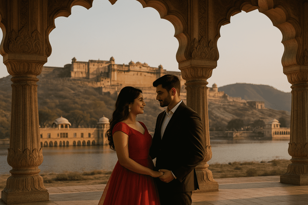 Pre wedding video shoot in Jaipur with couple at Amer Fort backdrop
