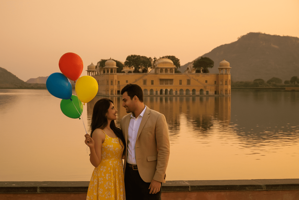 Pre wedding photoshoot in Jaipur at Jal Mahal with balloons